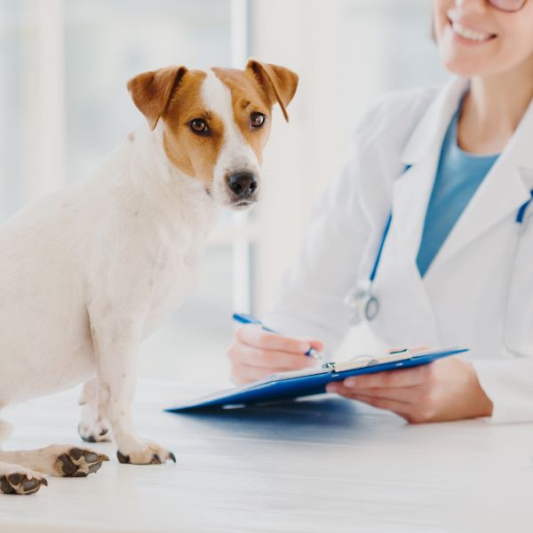 A vet writing on a clipboard with a dog on table