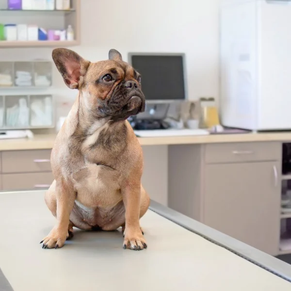 A small French bulldog sits attentively on an exam table in a veterinary clinic.